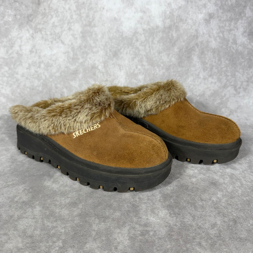 Vtg Skechers Suede Faux Fur Platform Clogs Mules Womens 6.5 Tan Y2K Chunky NWOT